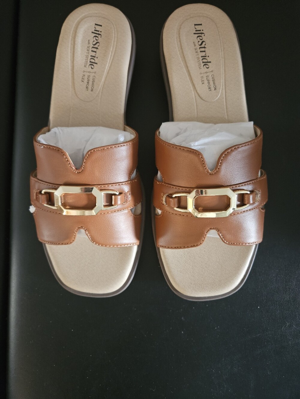 Life Stride Brown Slide Sandals with Gold Tone Hardware